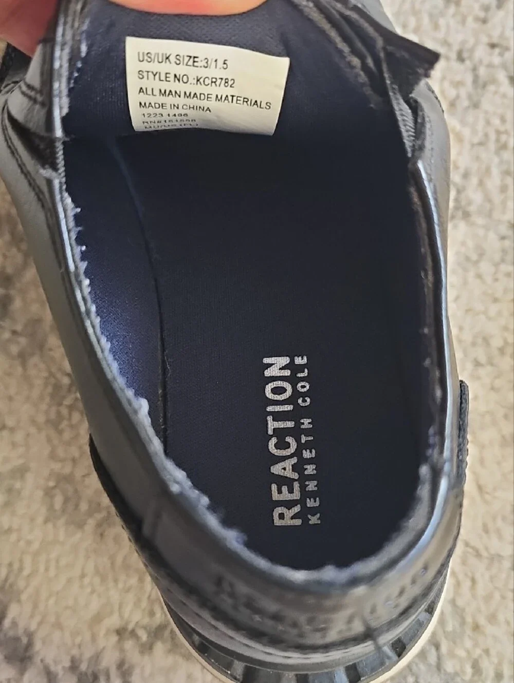Boys Kenneth Cole Black Leather Like Derby with Tan Outsole